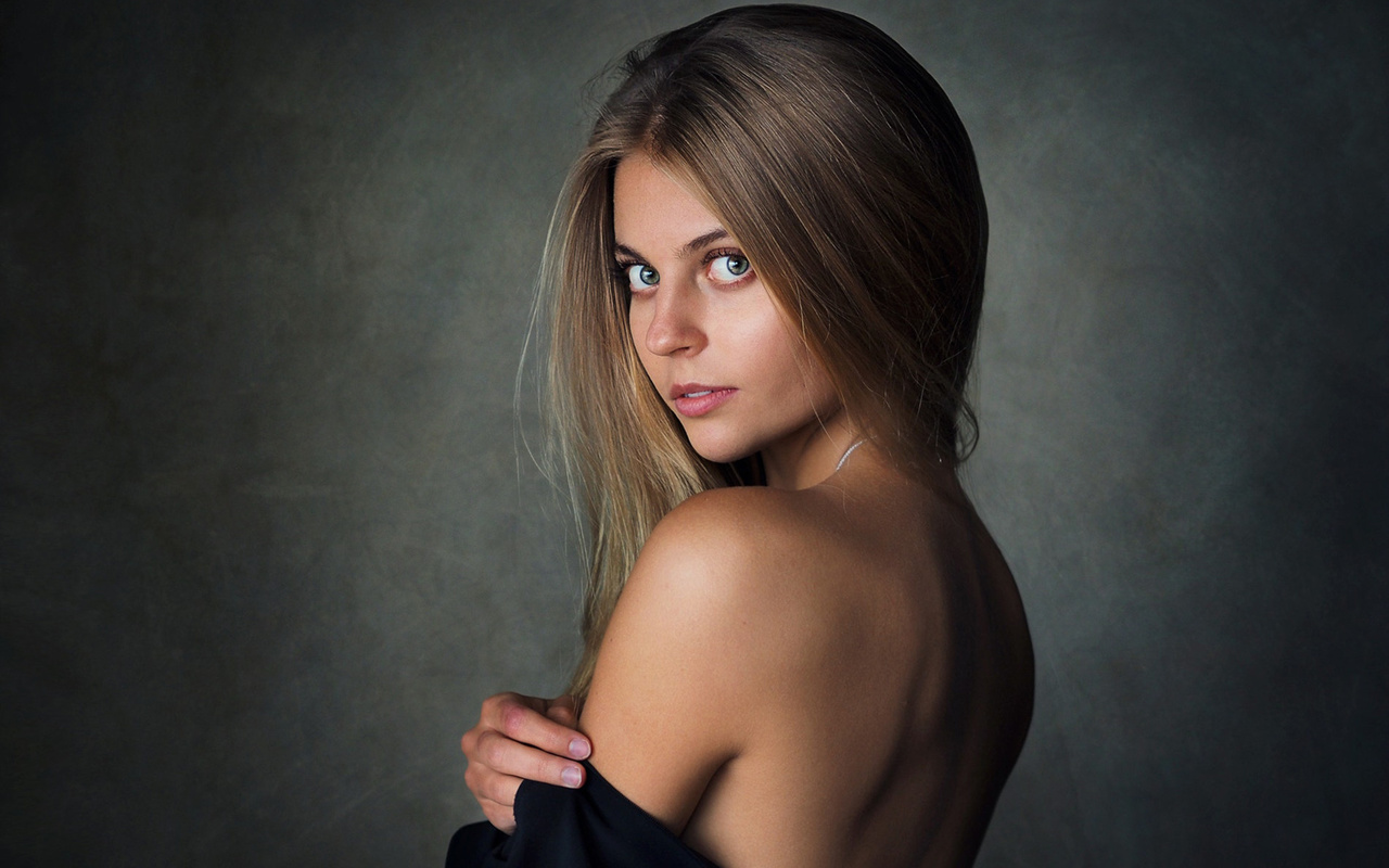 women, sean archer, bare shoulders, portrait, blonde, simple background, , , ,  , ,  