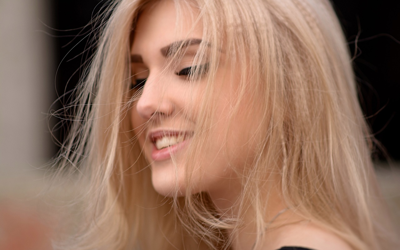 olia gedz, women, blonde, face, portrait, smiling, eyeliner, depth of field, hair in face, , , , , ,   