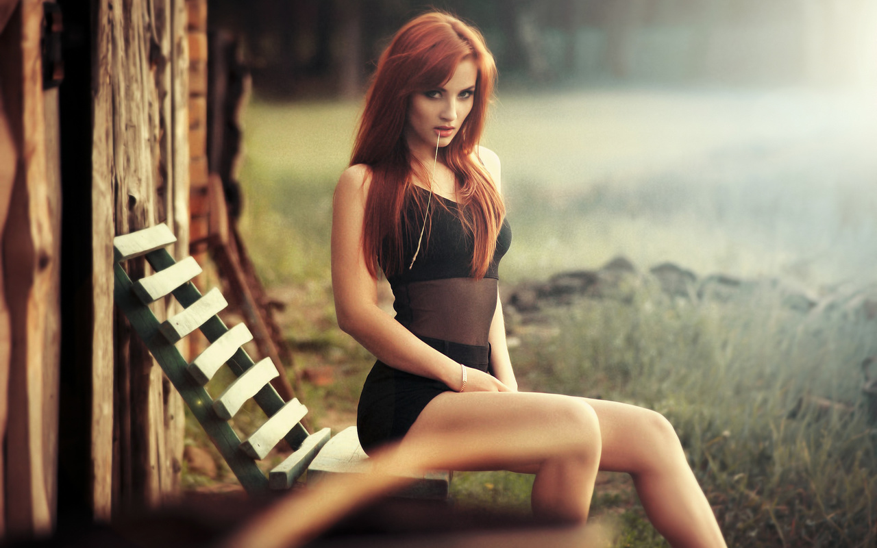 women, sitting, redhead, brunette, chair, black clothing, looking at viewer, depth of field, sensual gaze, , , , , ,   ,  