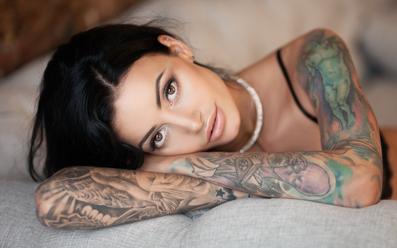 anna sajarova, women, face, portrait, tattoo, black bras, pierced nose, depth of field, black hair, any sakharova, , , , , ,  ,  