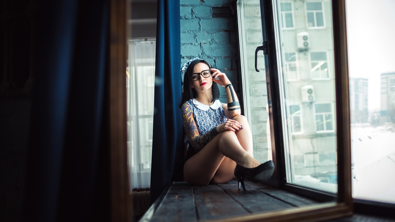 women, tanned, glasses, tattoo, window, portrait, ass, sitting, high heels, , ,  , , , , , , , , , 