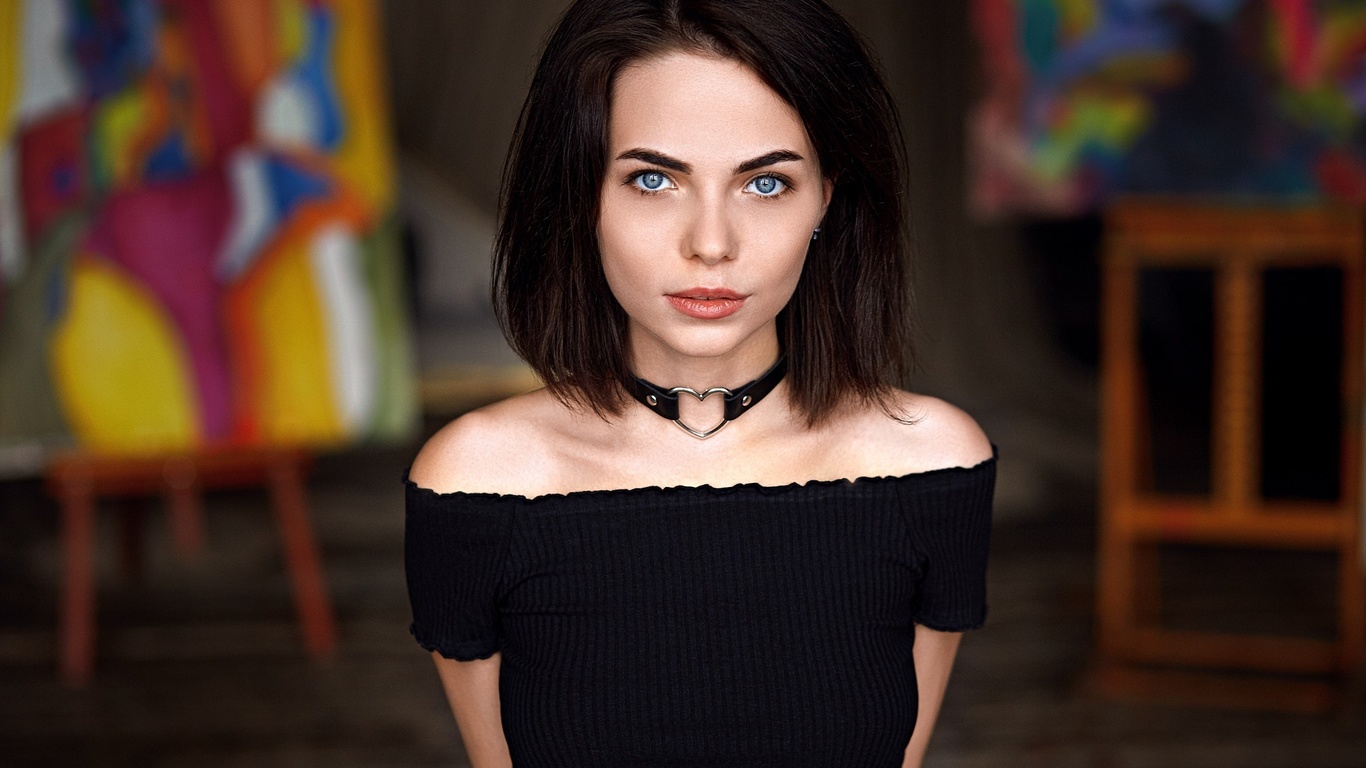 women, portrait, choker, blue eyes, depth of field, ,  , , , , , 