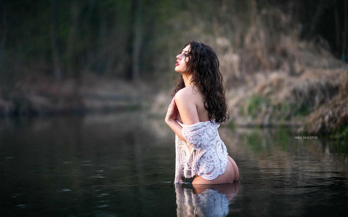 women, ass, brunette, depth of field, boobs, women outdoors, reflection, water, looking away, , , , ,   , , ,   