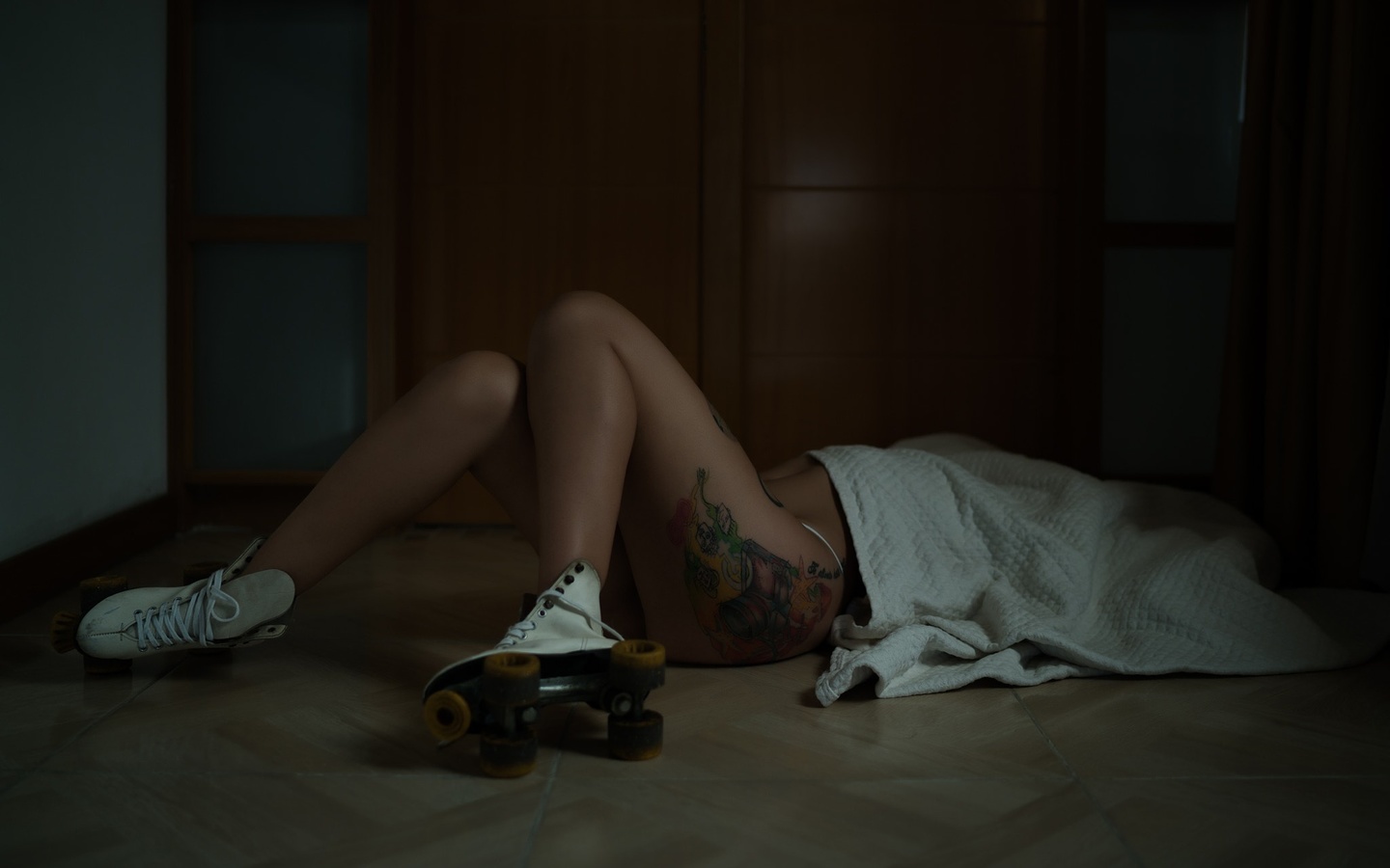 women, esteban montoya, roller skates, tattoo, on the floor, panties, ass, ,  , ,  , , 