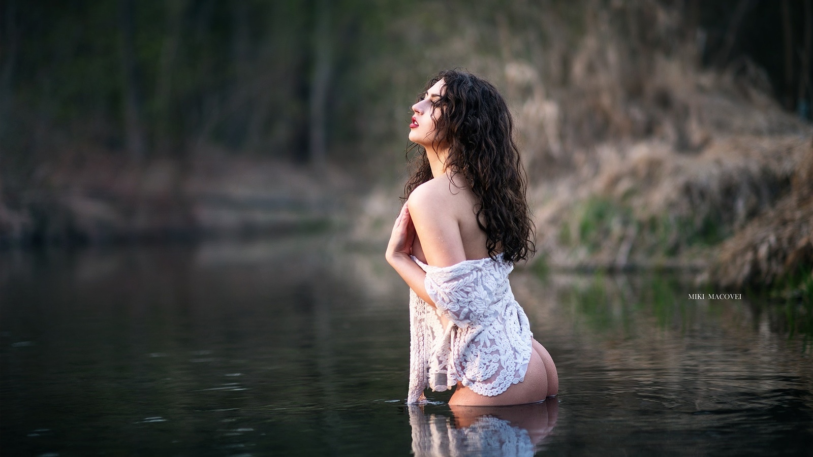 women, ass, brunette, depth of field, boobs, women outdoors, reflection, water, looking away, , , , ,   , , ,   