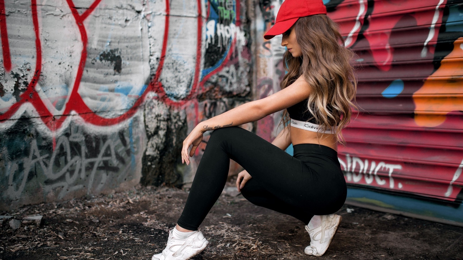 aleksandra taranova, women, calvin klein, portrait, sportswear, yoga pants, sports bra, tanned, graffiti, sneakers, baseball caps, long hair, squatting, ass,  , , ,  ,  , , ,