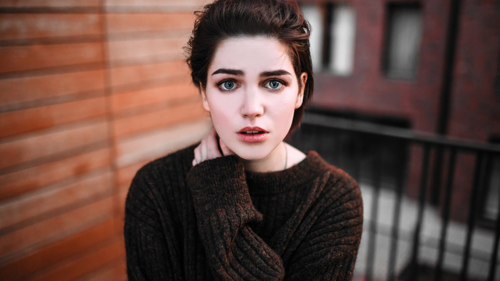 women, face, portrait, depth of field, sweater, blue eyes, , , , , ,  