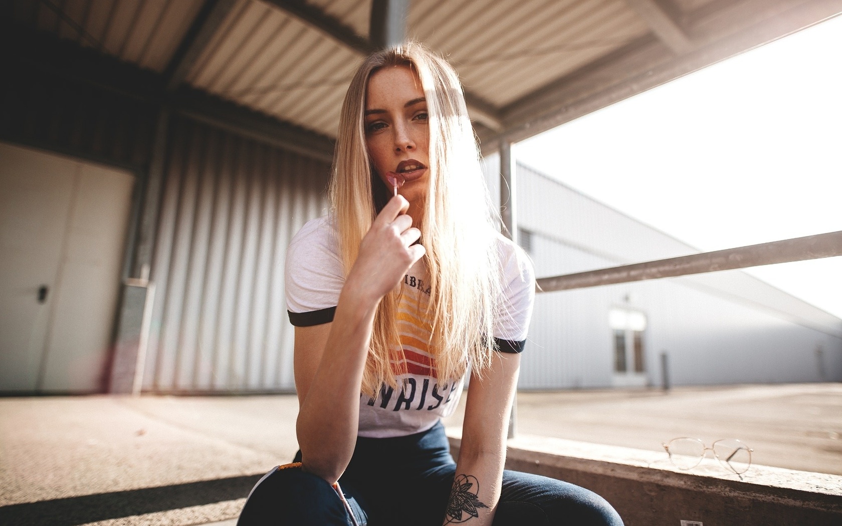 women, blonde, portrait, t-shirt, lollipop, sitting, tattoo, , , ,   , , , , 