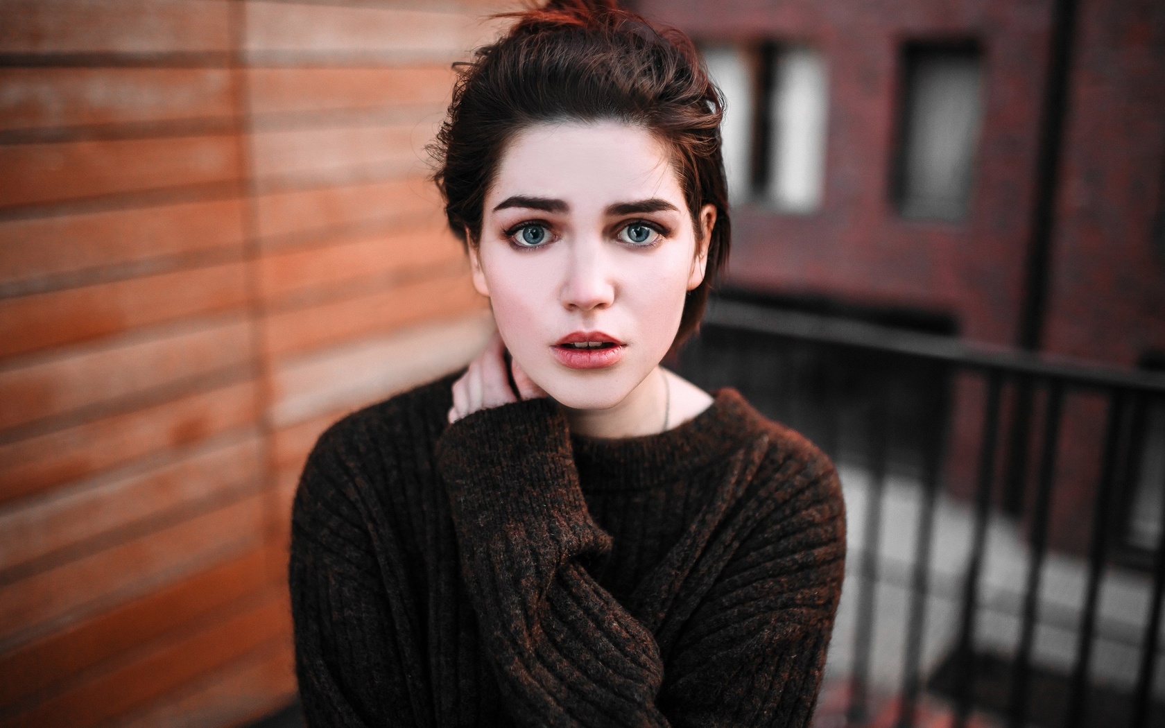 women, face, portrait, depth of field, sweater, blue eyes, , , , , ,  