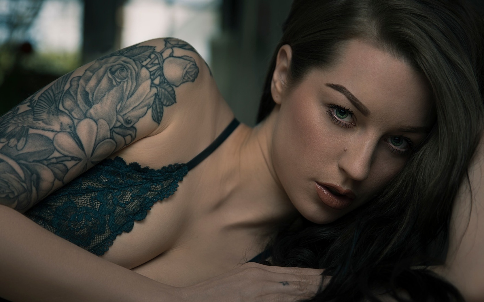 women, portrait, face, tattoo, lingerie, depth of field, green eyes, , , , ,  ,  , 