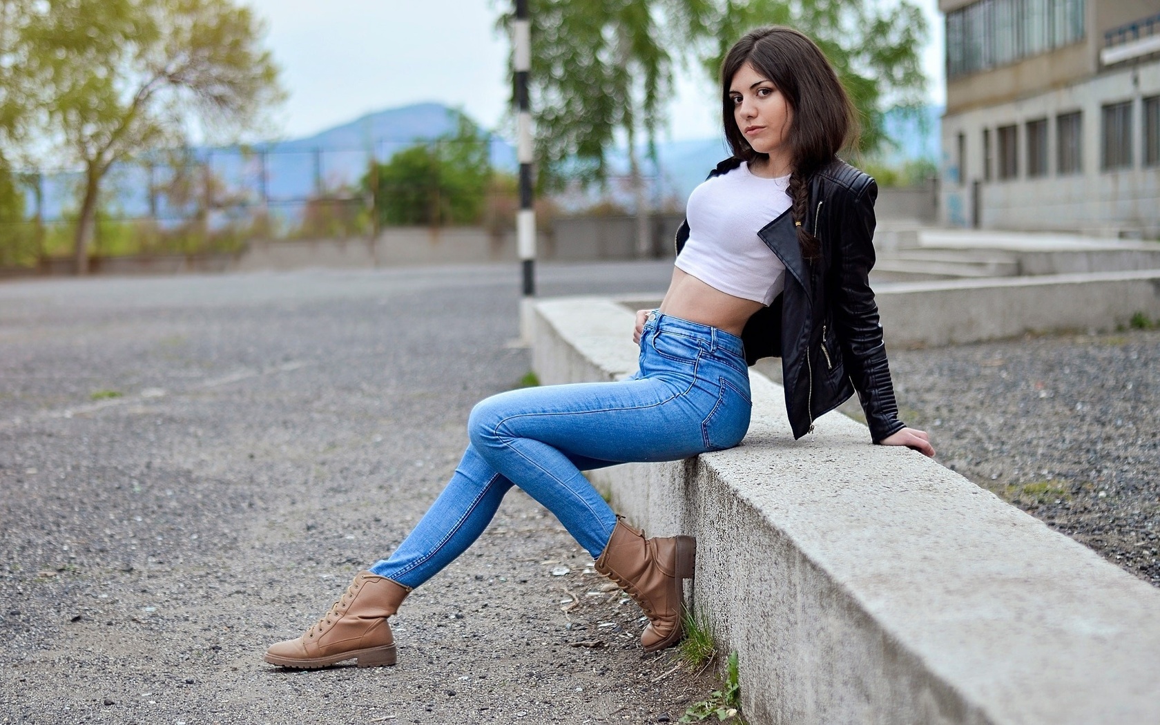 women, sitting, t-shirt, leather clothing, belly, shoes, depth of field, pants, jeans, women outdoors, , , , , , , , ,   , 