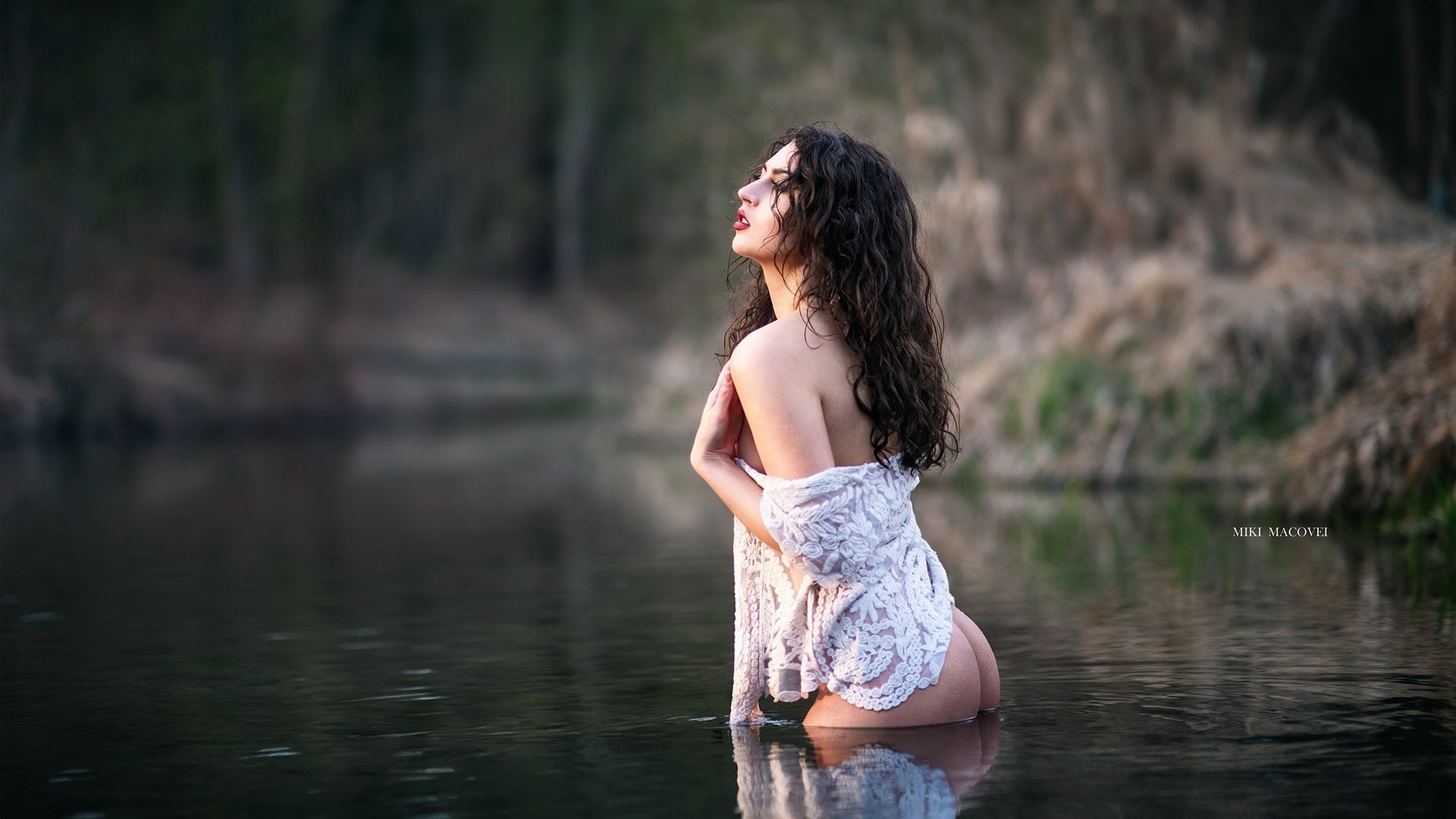 women, ass, brunette, depth of field, boobs, women outdoors, reflection, water, looking away, , , , ,   , , ,   