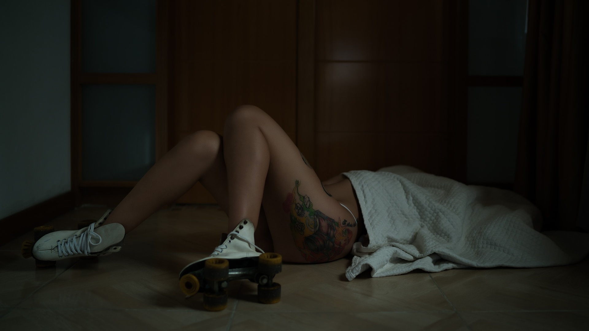 women, esteban montoya, roller skates, tattoo, on the floor, panties, ass, ,  , ,  , , 