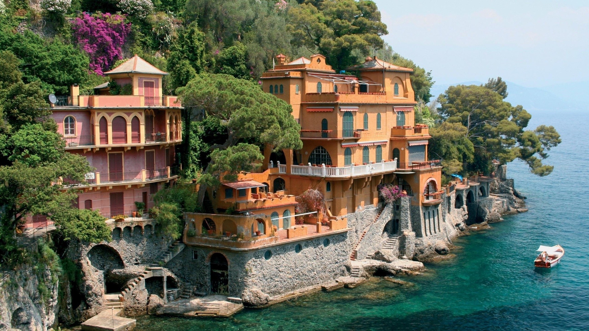 Картинки portofino, здания, дома, скала, вода, море, italy, италия - обои  1920x1080, картинка №218579