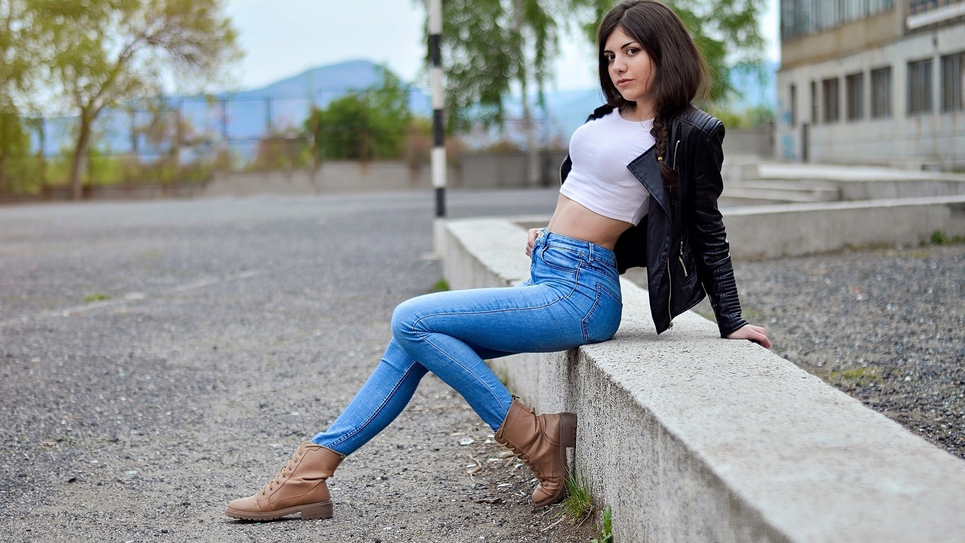 women, sitting, t-shirt, leather clothing, belly, shoes, depth of field, pants, jeans, women outdoors, , , , , , , , ,   , 