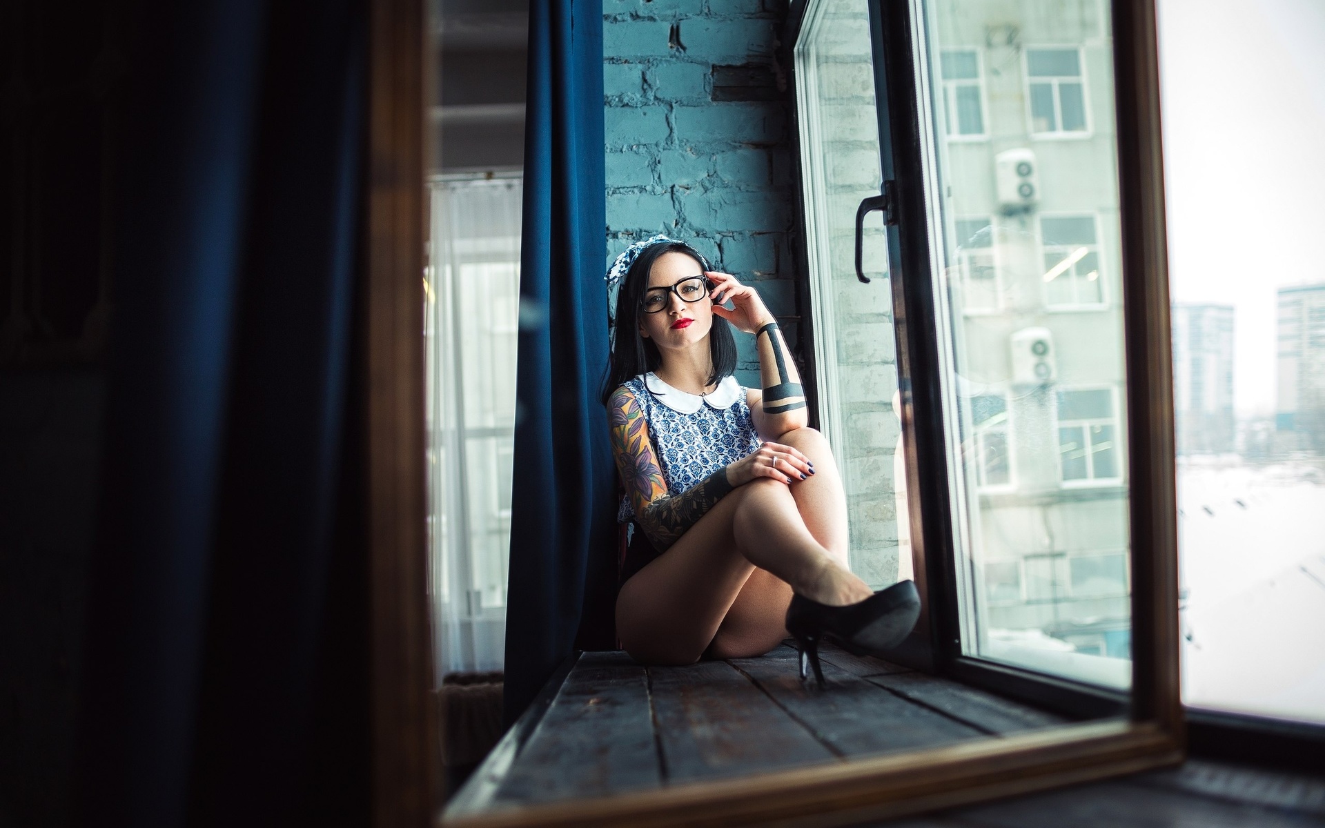 women, tanned, glasses, tattoo, window, portrait, ass, sitting, high heels, , ,  , , , , , , , , , 