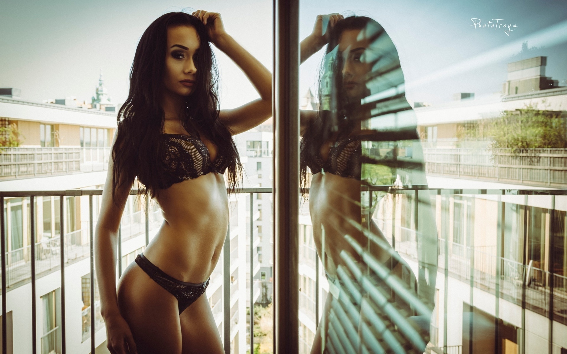 women, tanned, belly, black lingerie, glass, reflection, , ,  , , ,   ,   