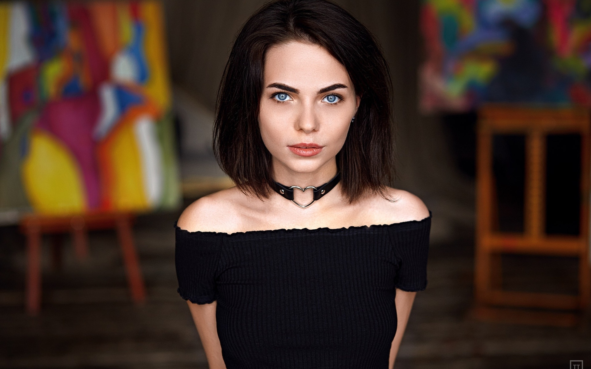 women, portrait, choker, blue eyes, depth of field, ,  , , , , , 