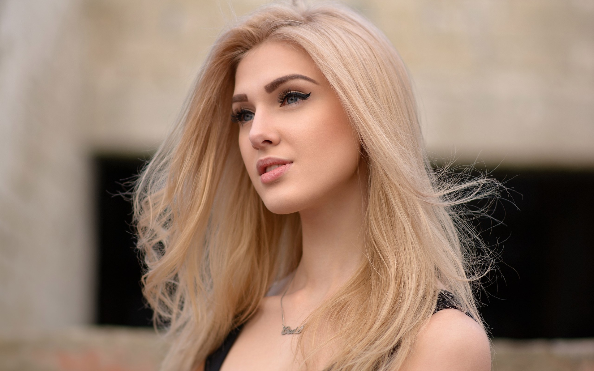 olia gedz, women, blonde, face, portrait, eyeliner, depth of field, looking away, , , , ,   