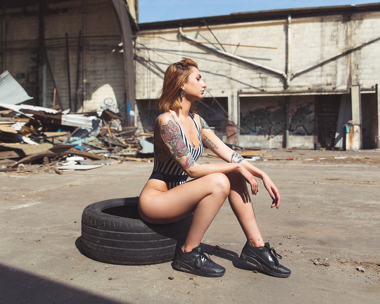 women, blonde, sitting, brunette, sneakers, tattoo, leotard, monokinis, tire, ass, women outdoors, black nails, , , , , , , , , ,   