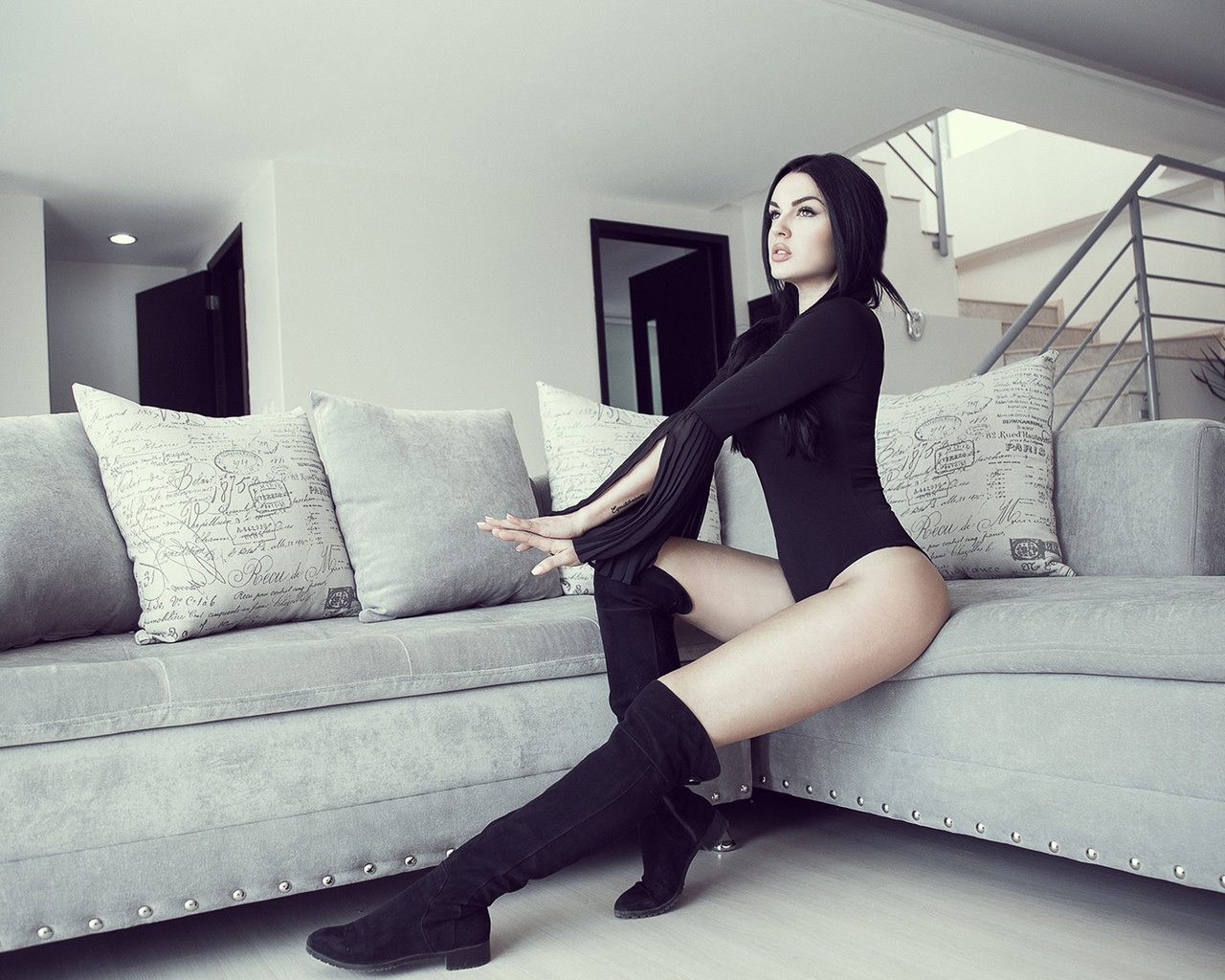 women, leotard, looking away, sitting, couch, knee-high boots, portrait, , ,   , , ,   , 