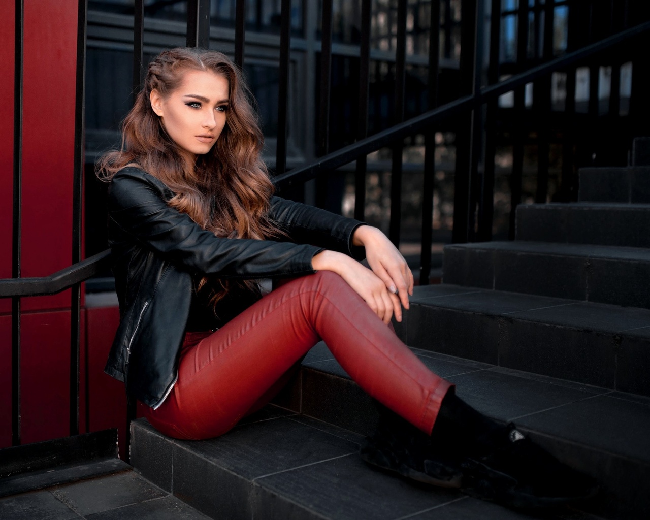 women, portrait, women outdoors, pants, leather jackets, sitting, , , , ,   , , 