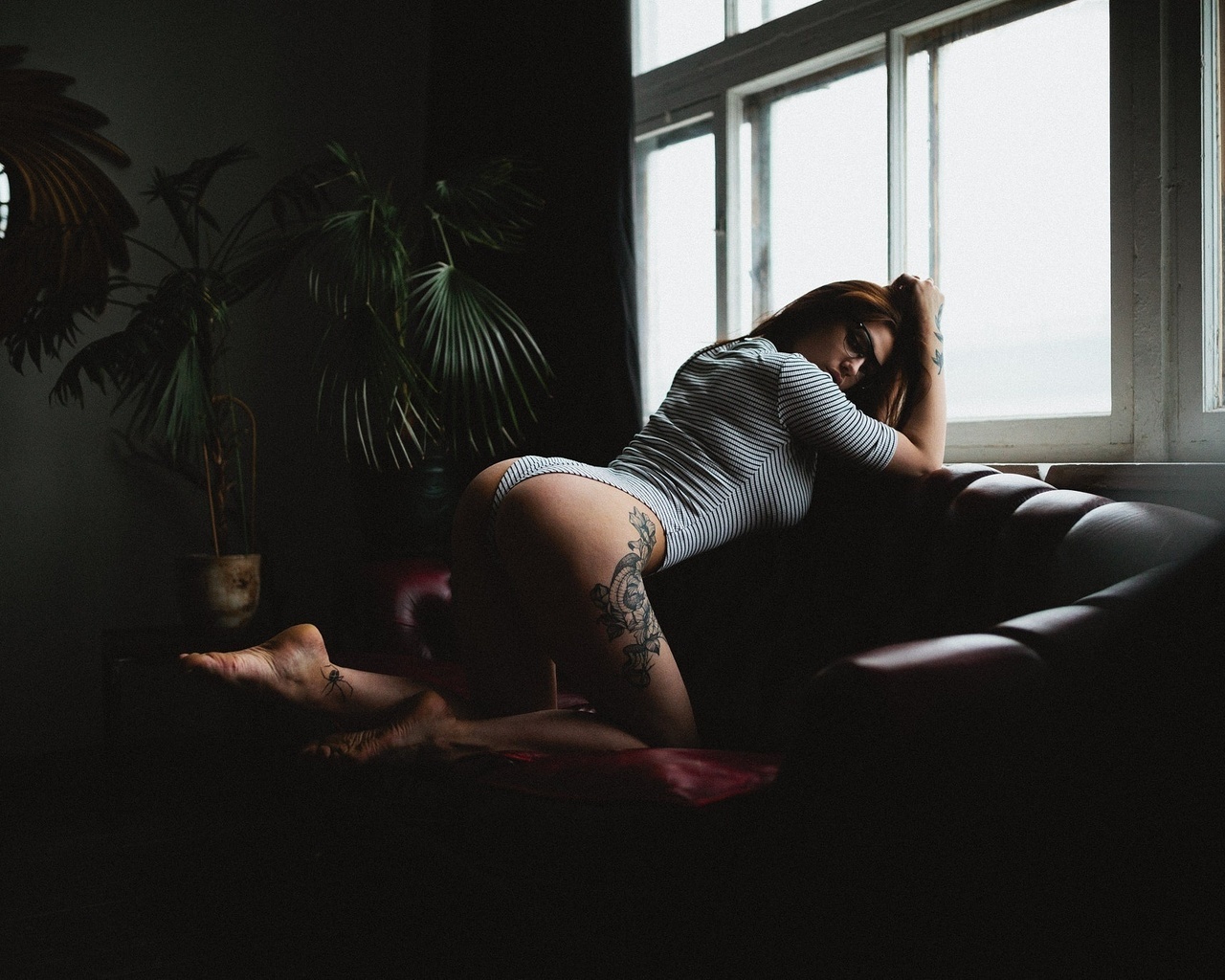 women, glasses, ass, kneeling, tanned, leotard, window, tattoo, couch, , , ,  , , , , , 