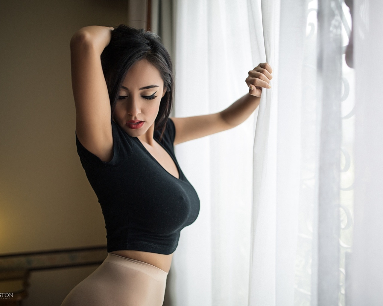 dulce soltero, women, brunette, portrait, luis gaston, closed eyes, see-through clothing, eyeliner, , , ,  , ,   