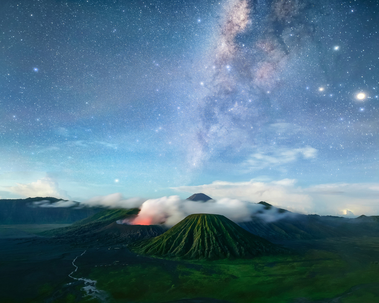 bromo, volcano, java, tenger, night, milky way, stars, indonesia