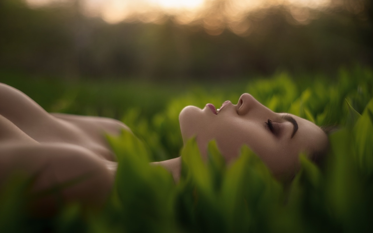 women, depth of field, grass, closed eyes, women outdoors, boobs, , ,  ,   , ,   