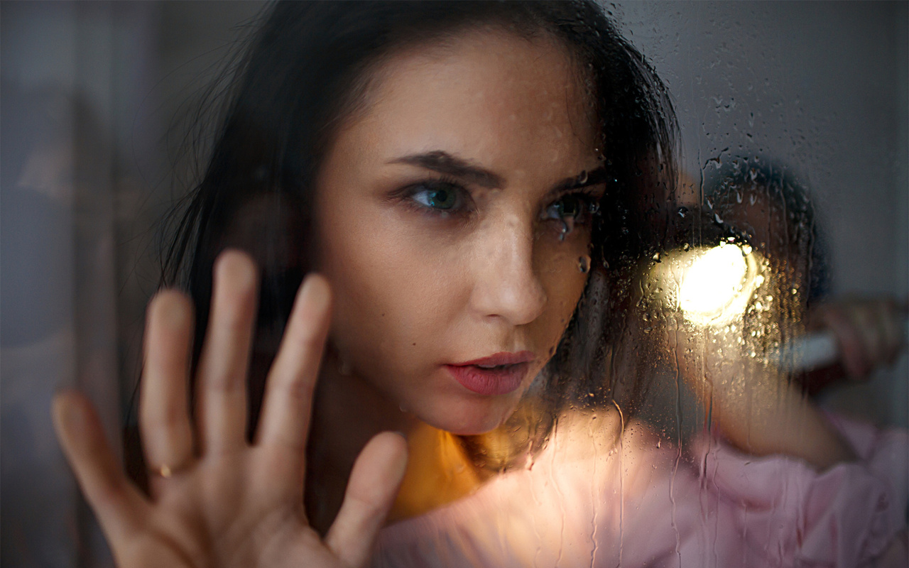 women, portrait, glass, water drops, looking away, , , ,  ,  ,   