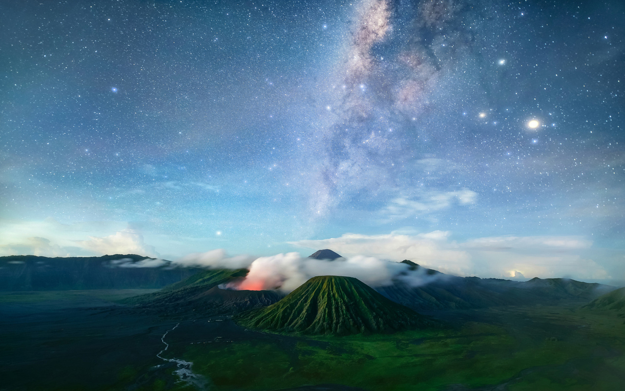 bromo, volcano, java, tenger, night, milky way, stars, indonesia