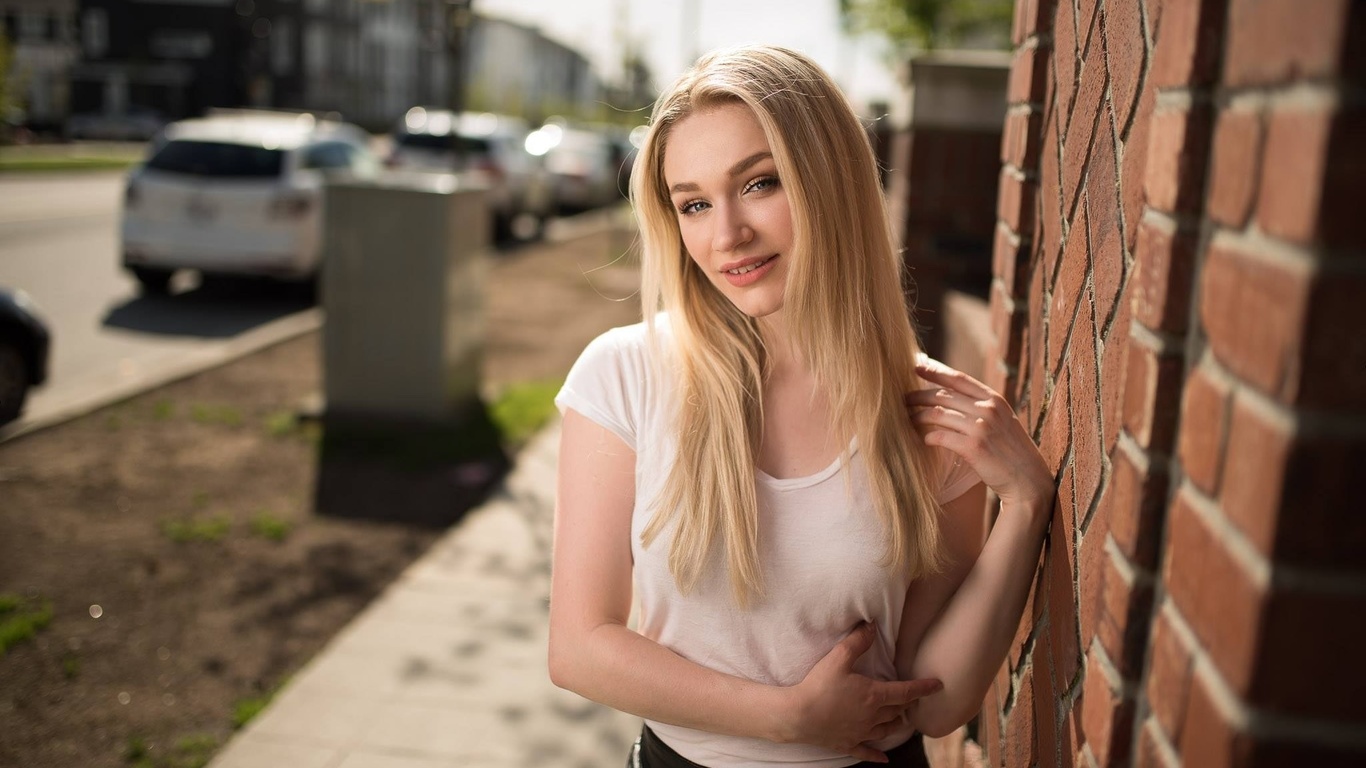 women, blonde, portrait, smiling, women outdoors, depth of field, , , , ,   ,   