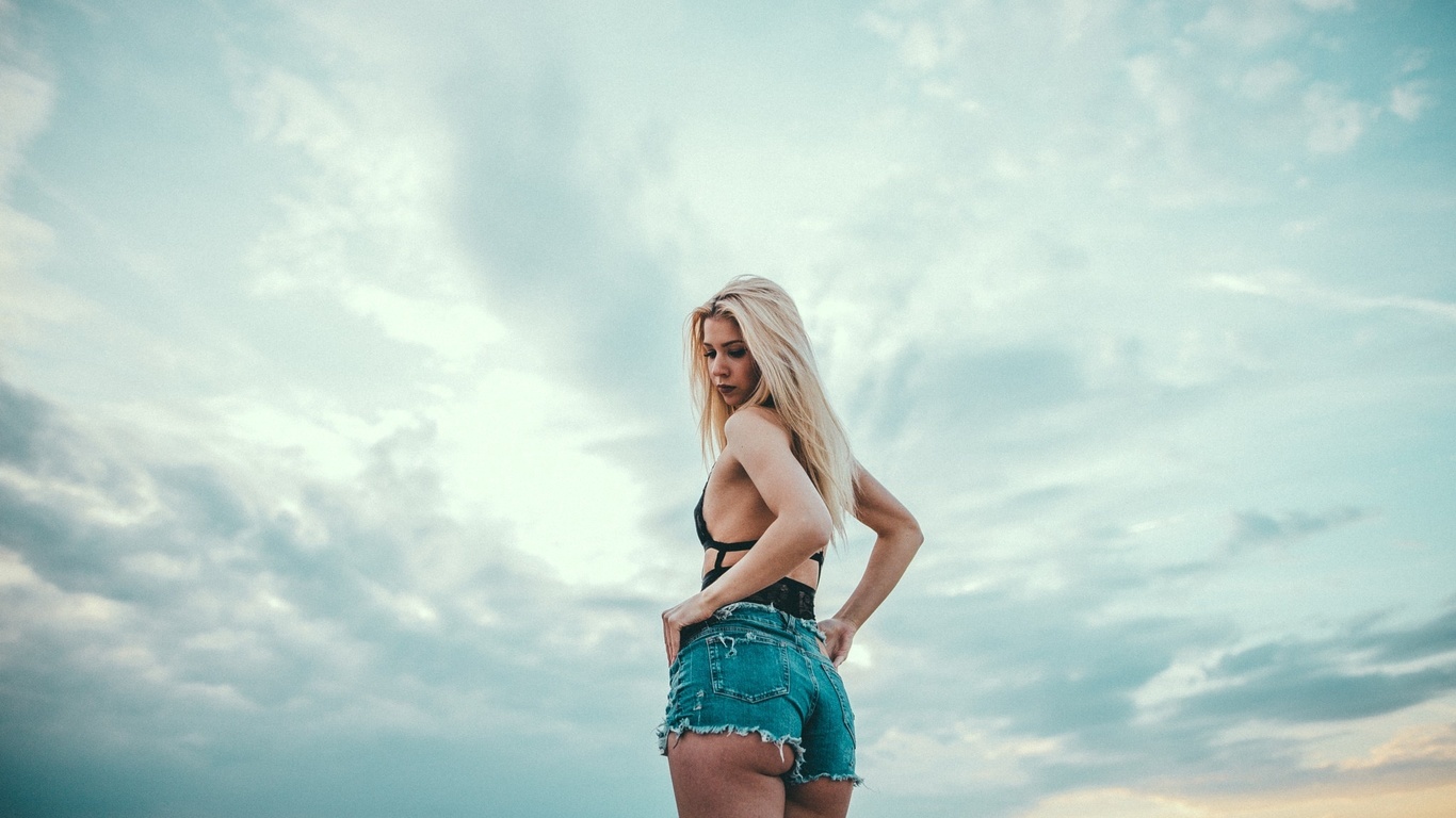 women, blonde, tanned, rear view, sky, jean shorts, ass, back, small boobs, , , ,  , ,  , , ,  