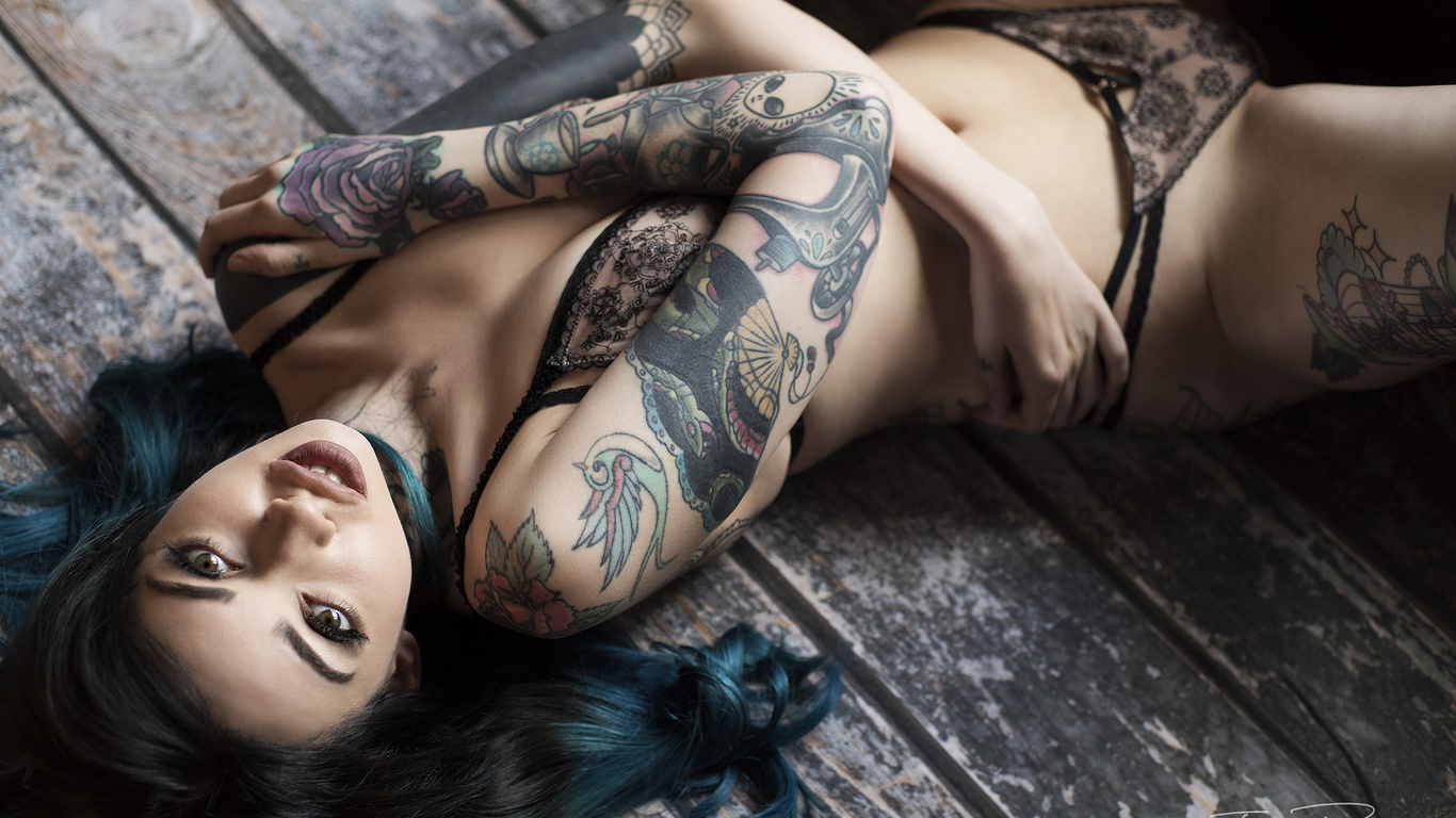 women, dyed hair, jack russell, tattoo, looking at viewer, black lingerie, see-through clothing, lying on back, belly, ,  , ,   ,  , ,   , 