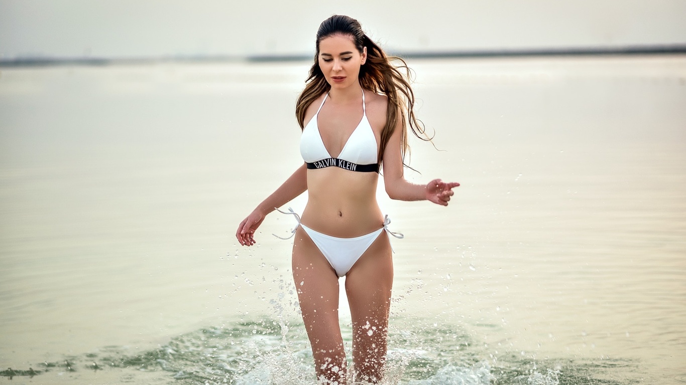 women, white bikini, belly, women outdoors, water, water drops, depth of field, sea, portrait, brunette, , , , , ,  , 