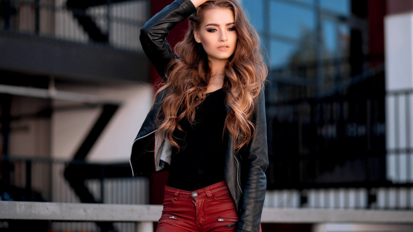 women, portrait, women outdoors, pants, leather jackets, , ,   , , , ,   