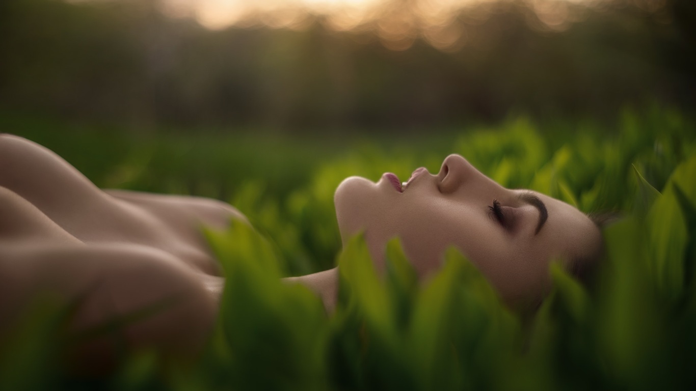 women, depth of field, grass, closed eyes, women outdoors, boobs, , ,  ,   , ,   