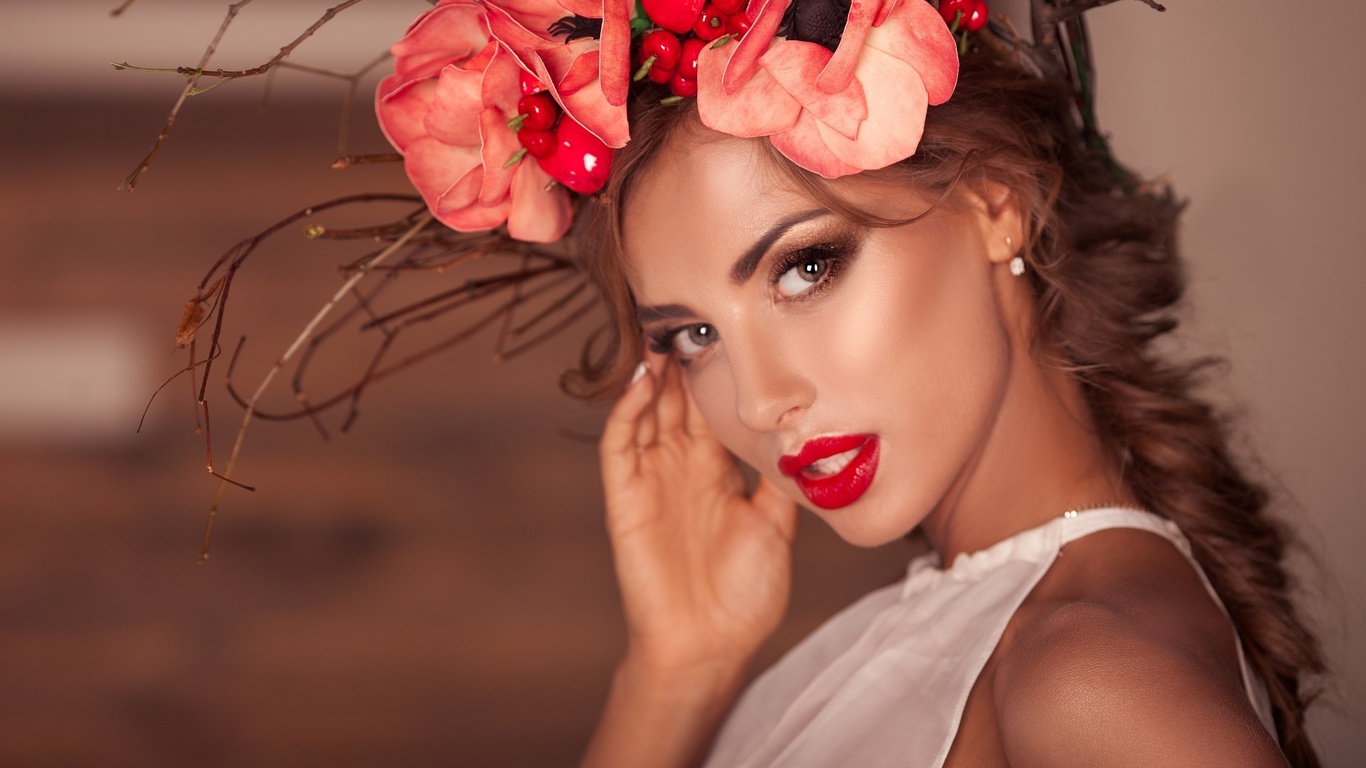 women, tanned, face, portrait, flowers, red lipstick, depth of field, pigtails, , , , ,   , ,  , , katerina rubinovich,