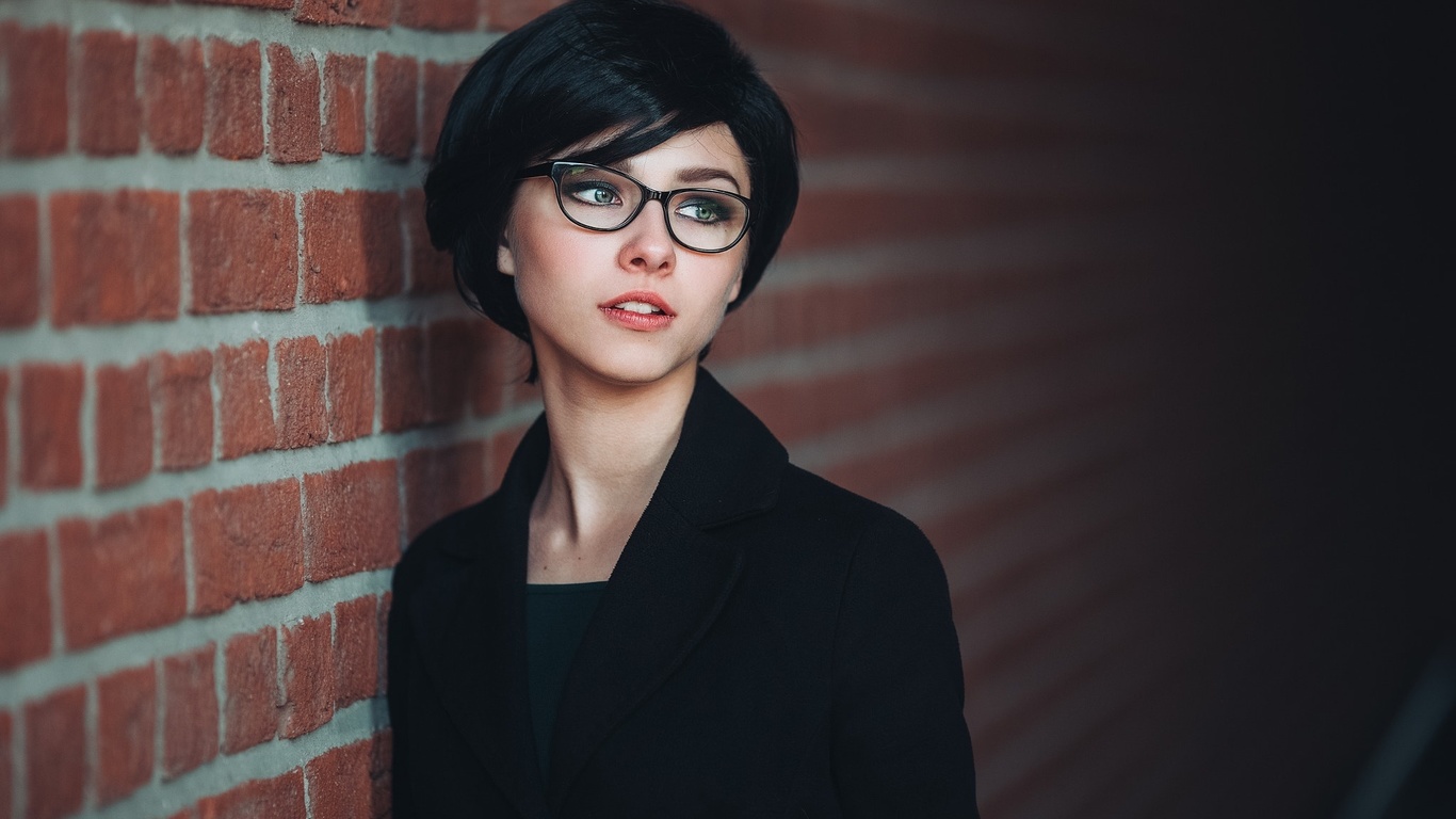 women, portrait, wall, bricks, glasses, looking away,  , , , , , ,   