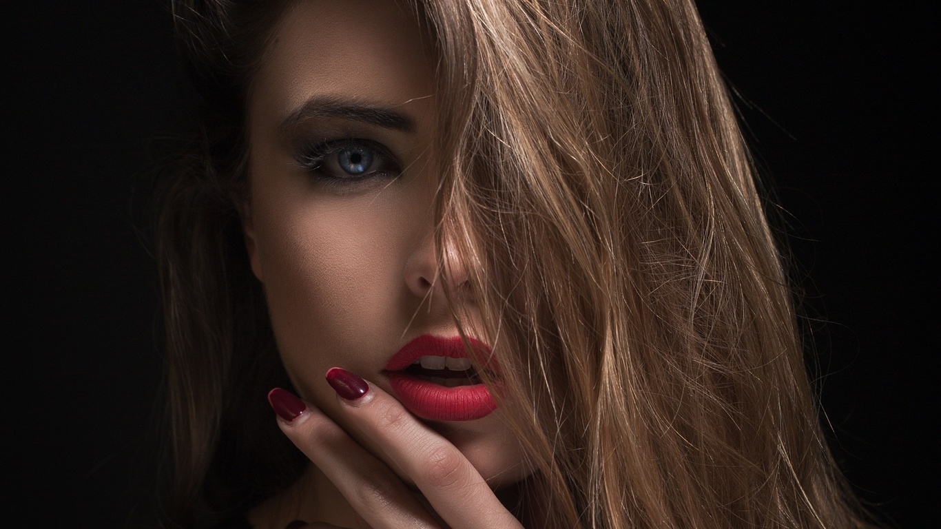 women, portrait, red nails, red lipstick, black background, blue eyes, maria hurtado, , , ,   ,  ,  ,  ,  