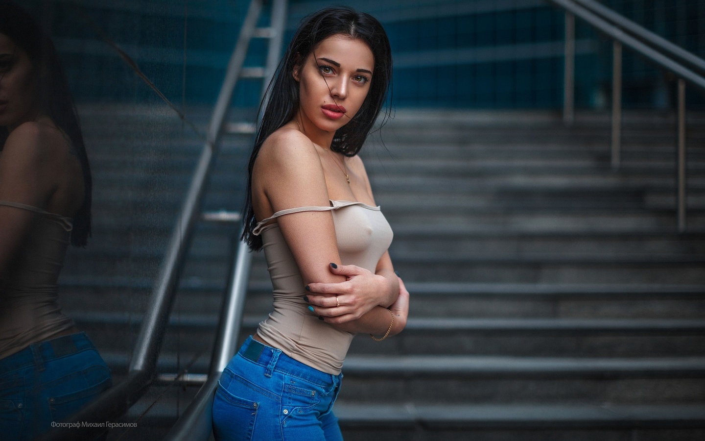 women, portrait, pants, stairs, brunette, nipple through clothing, reflection, jeans, arms crossed, mihail gerasimov, , , , , ,   , , ,  ,  