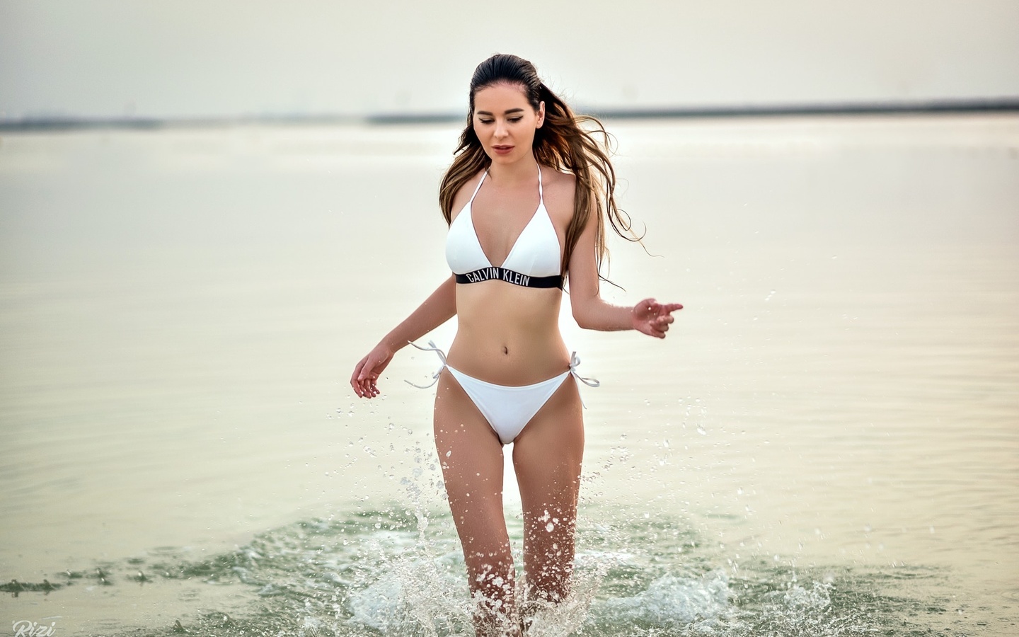 women, white bikini, belly, women outdoors, water, water drops, depth of field, sea, portrait, brunette, , , , , ,  , 