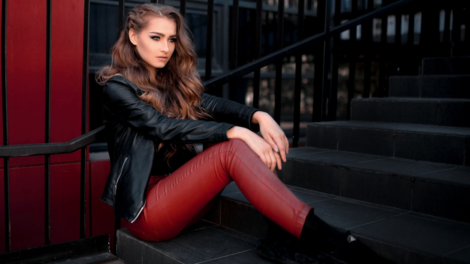 women, portrait, women outdoors, pants, leather jackets, sitting, , , , ,   , , 