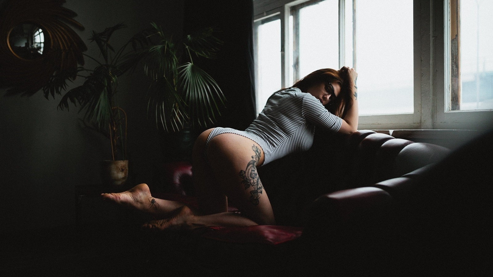 women, glasses, ass, kneeling, tanned, leotard, window, tattoo, couch, , , ,  , , , , , 