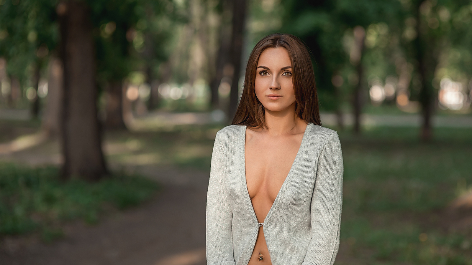 women, portrait, depth of field, trees, women outdoors, boobs, no bra, belly, pierced navel, , , ,   , , ,  , ,  