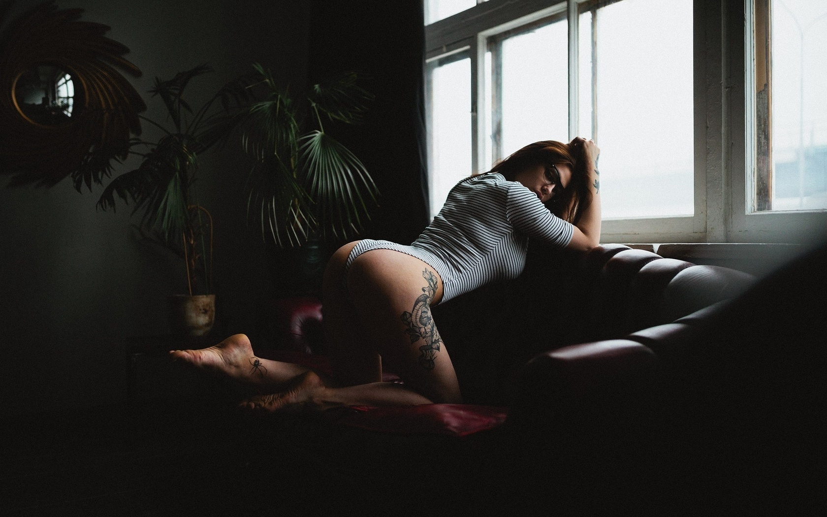 women, glasses, ass, kneeling, tanned, leotard, window, tattoo, couch, , , ,  , , , , , 