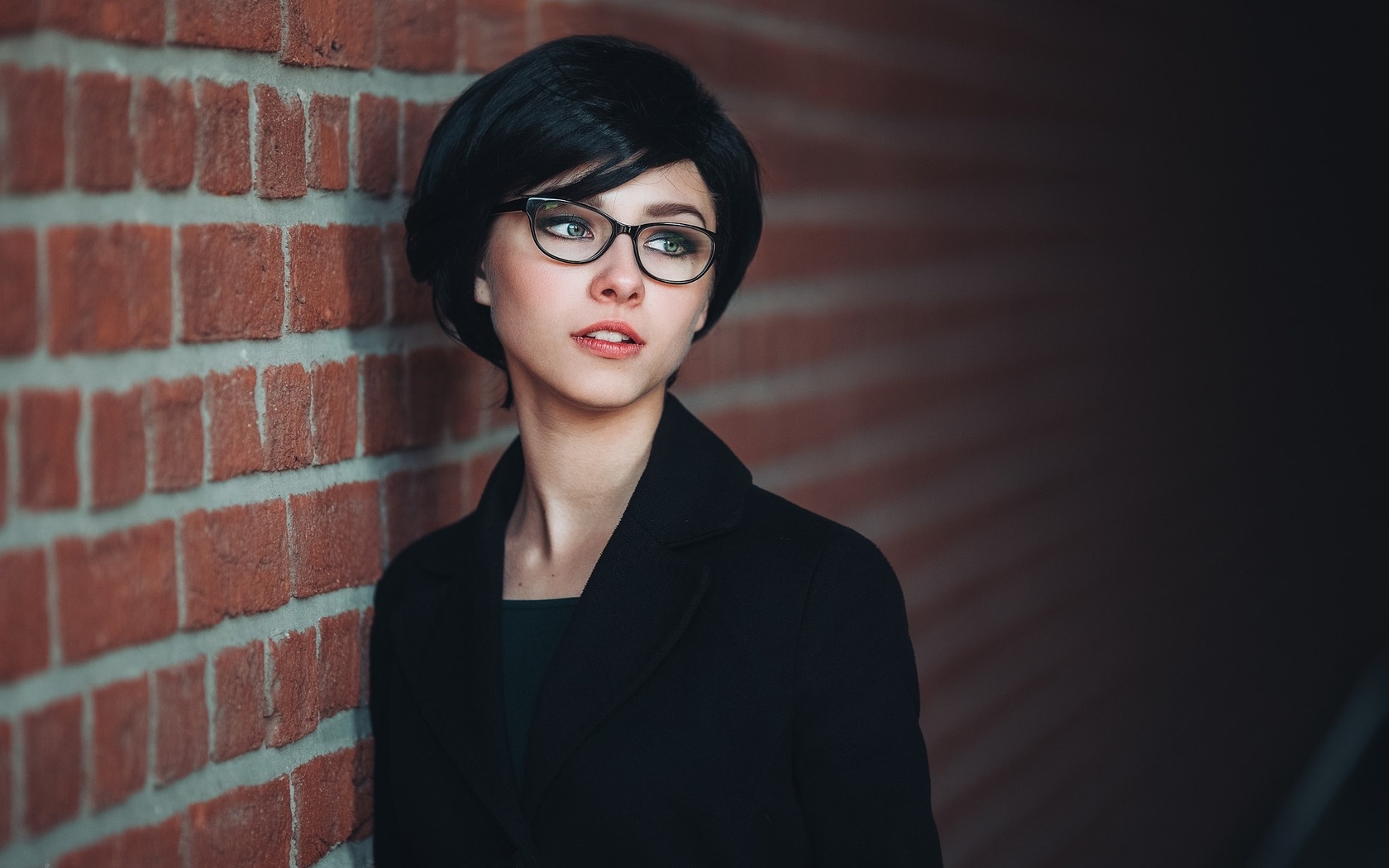 women, portrait, wall, bricks, glasses, looking away,  , , , , , ,   