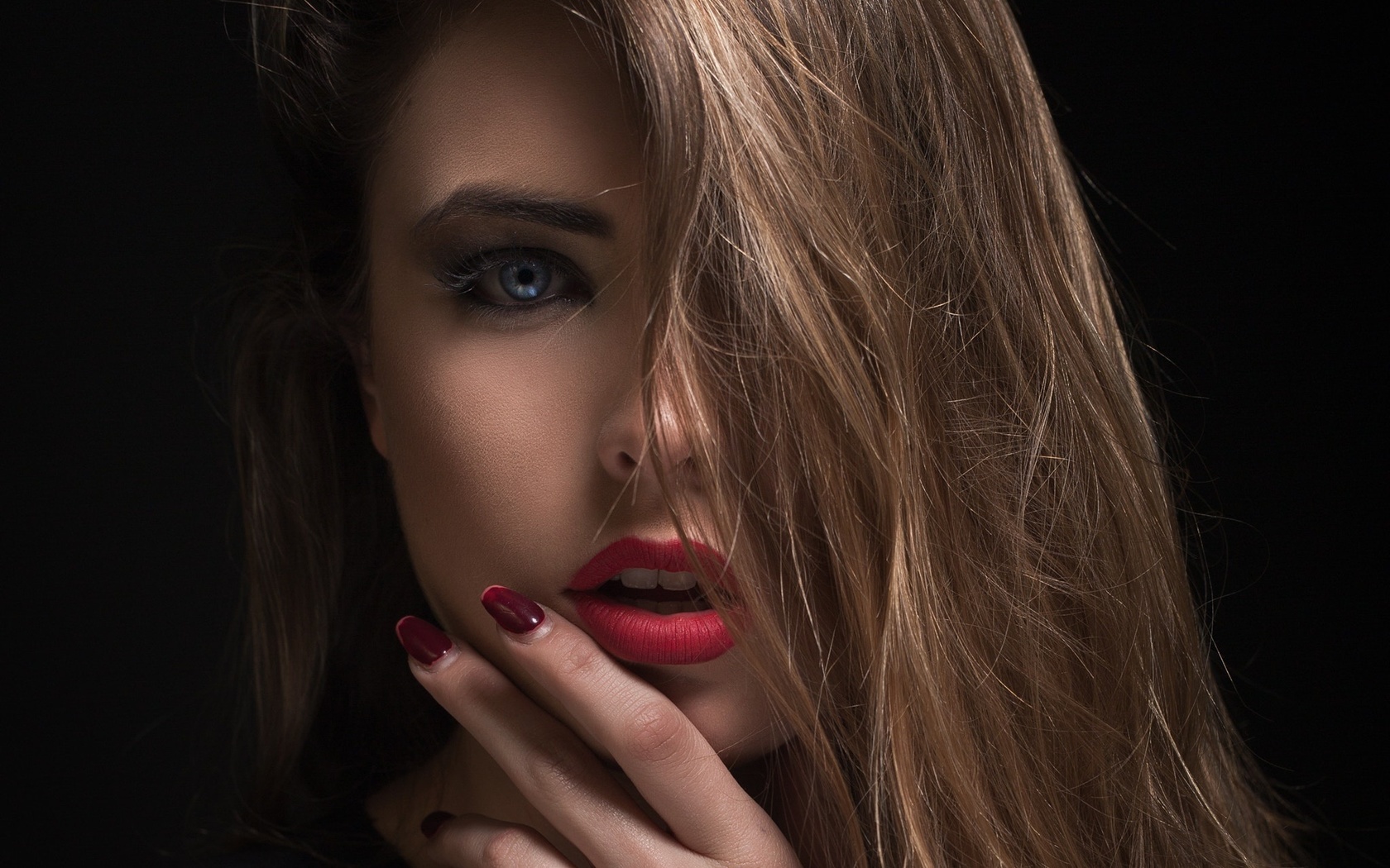 women, portrait, red nails, red lipstick, black background, blue eyes, maria hurtado, , , ,   ,  ,  ,  ,  