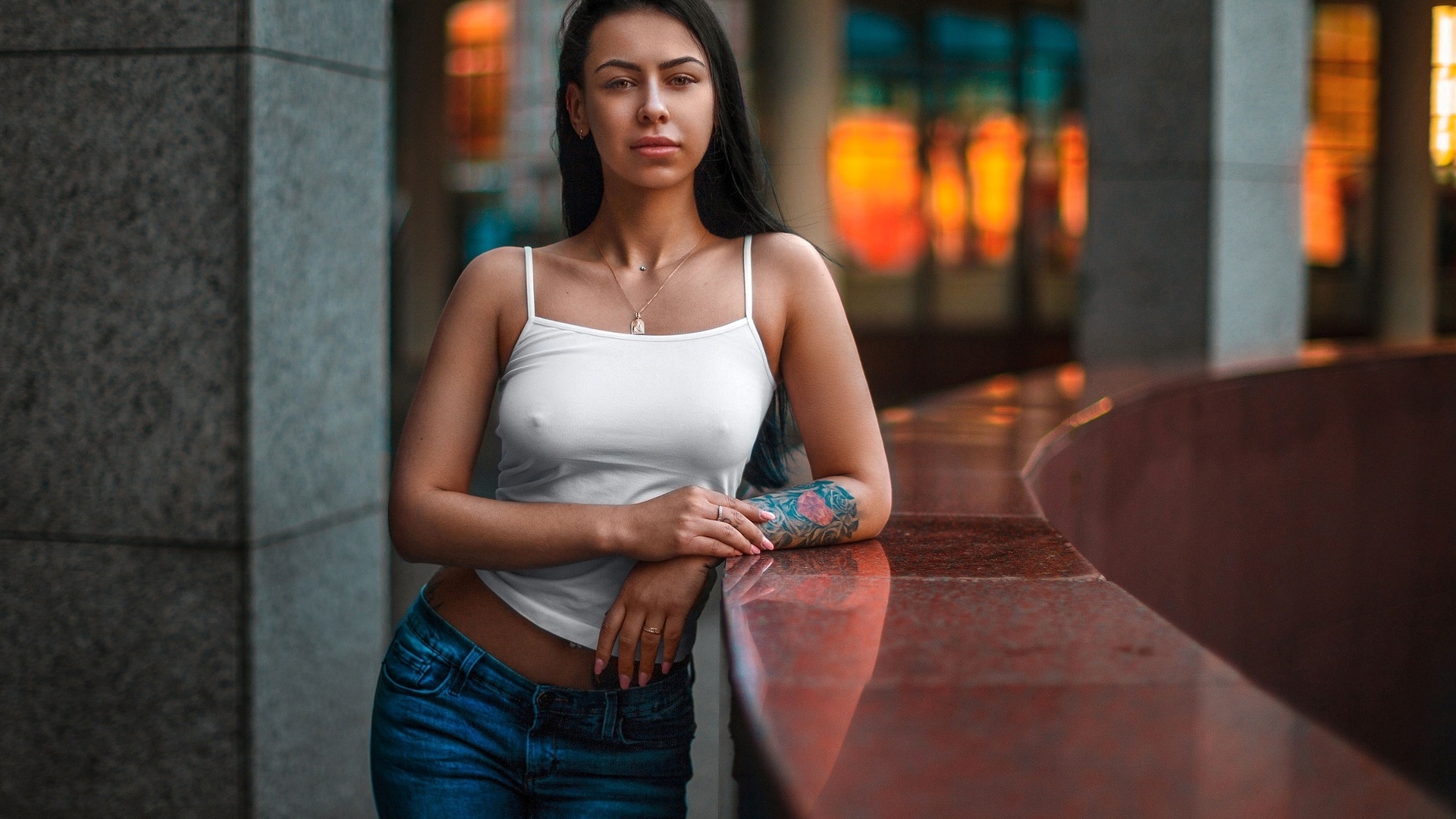 mihail gerasimov, women, portrait, pants, jeans, see-through clothing, pierced navel, necklace, tattoo, depth of field